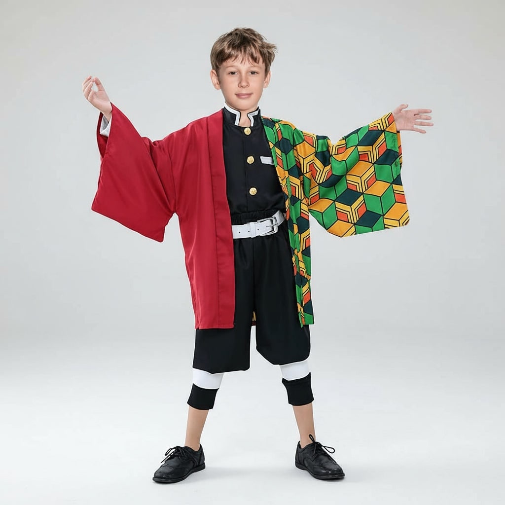 Kurtka haori z otwartym przodem, wzór inspirowany japońskim anime, geometryczny nadruk w szachownicę