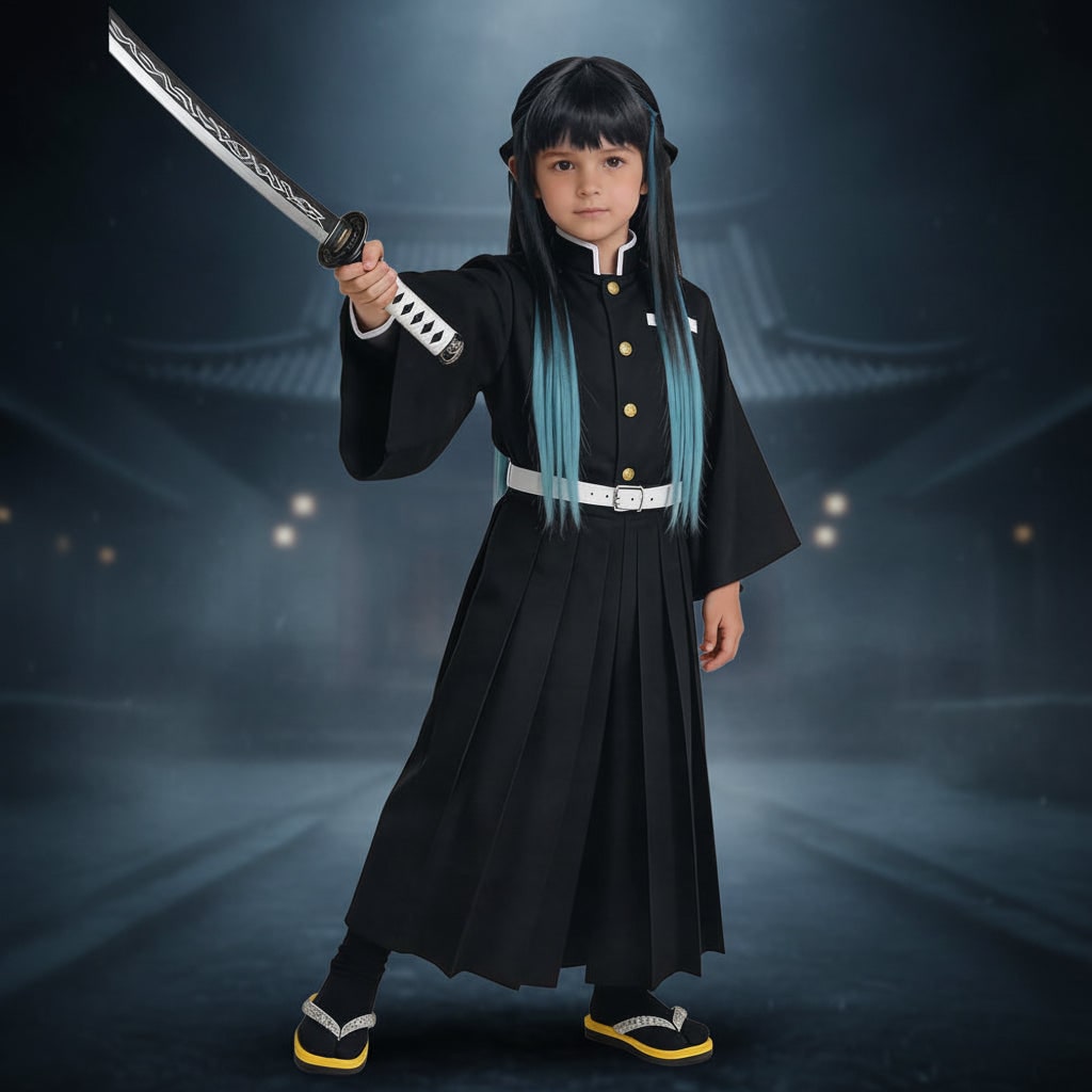 Kostium cosplayowy inspirowany anime w stylu samurajskim, wysoki stójkowy kołnierz i szerokie rozkloszowane rękawy