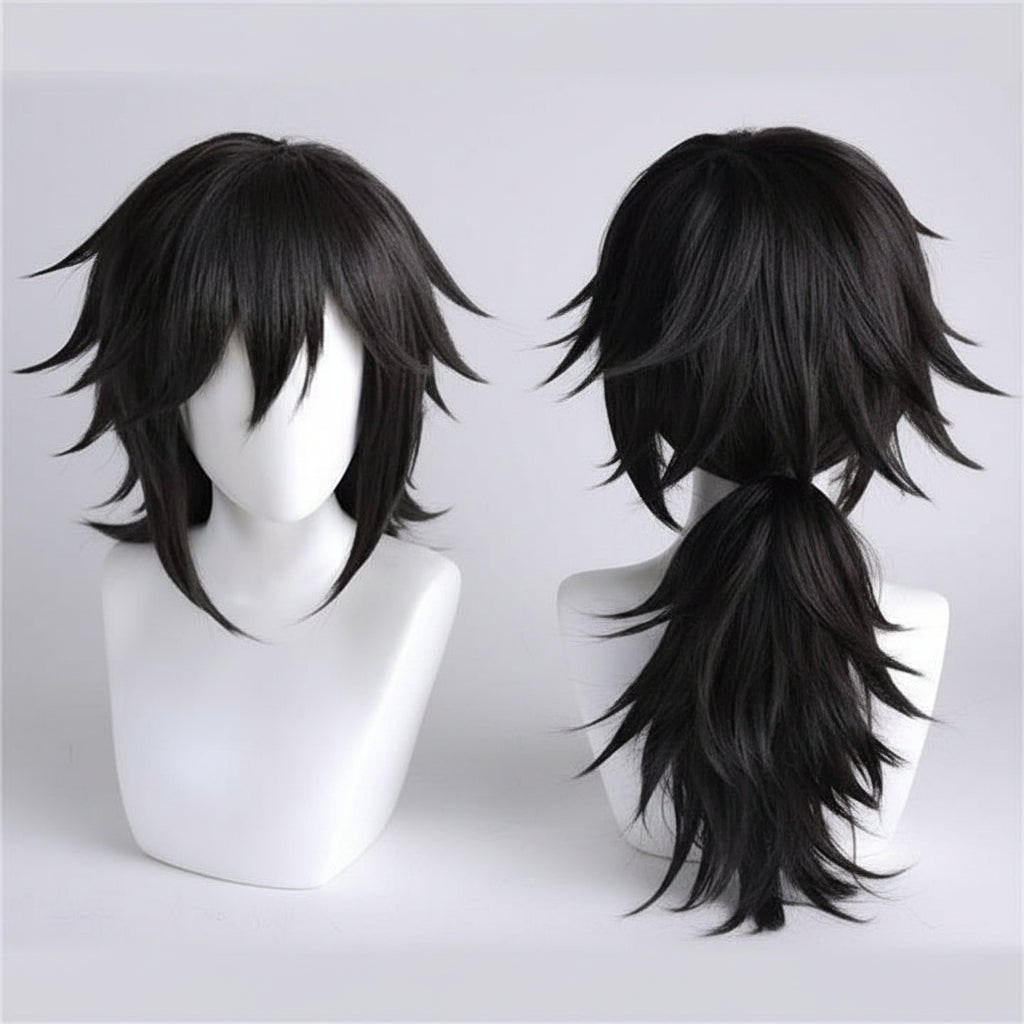 Anime-cosplaykostymesett til Halloween - LED-maske med lys, haori-jakke og piggete parykk