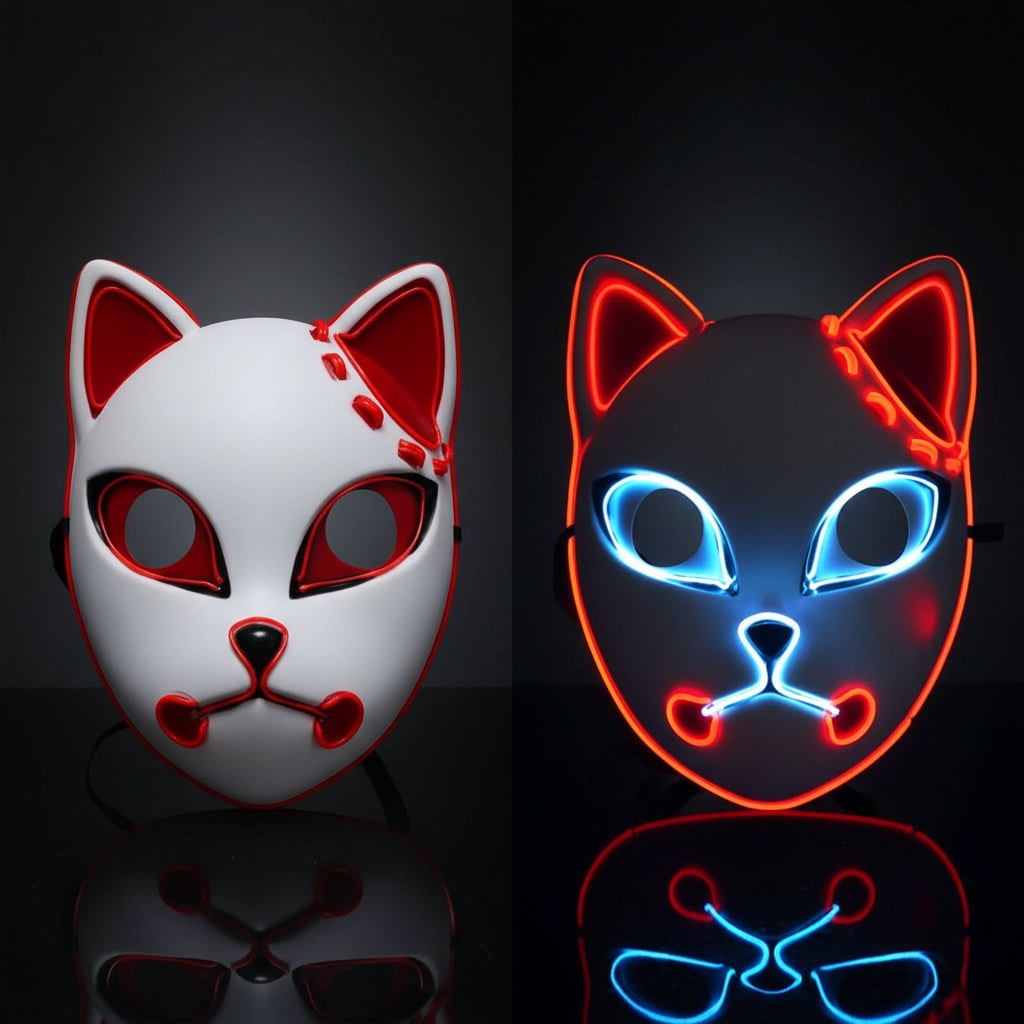 Anime-cosplaykostymesett til Halloween - LED-maske med lys, haori-jakke og piggete parykk