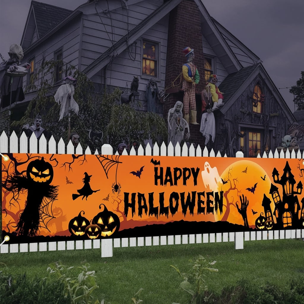 Duży baner na Halloween z nadrukiem dyni, czarownicy i nietoperza