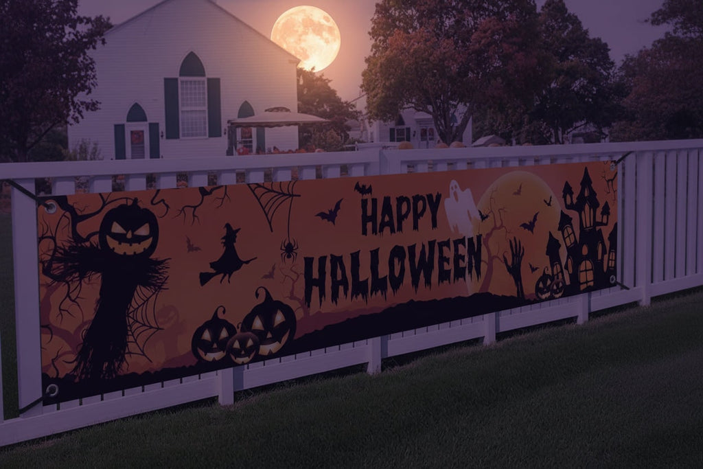 Duży baner na Halloween z nadrukiem dyni, czarownicy i nietoperza