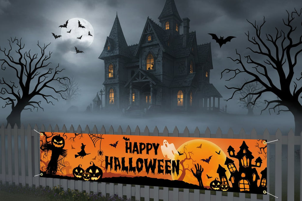 Duży baner na Halloween z nadrukiem dyni, czarownicy i nietoperza