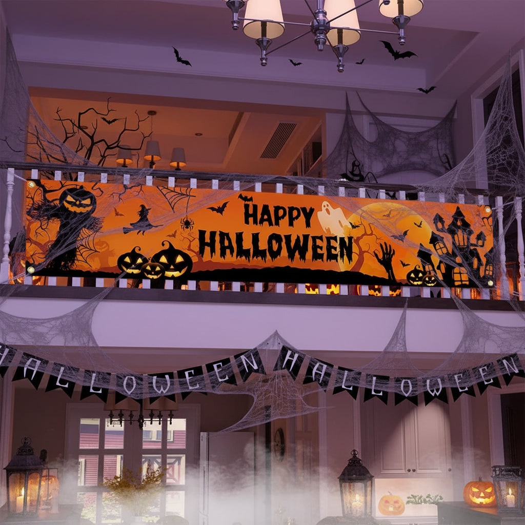 Duży baner na Halloween z nadrukiem dyni, czarownicy i nietoperza