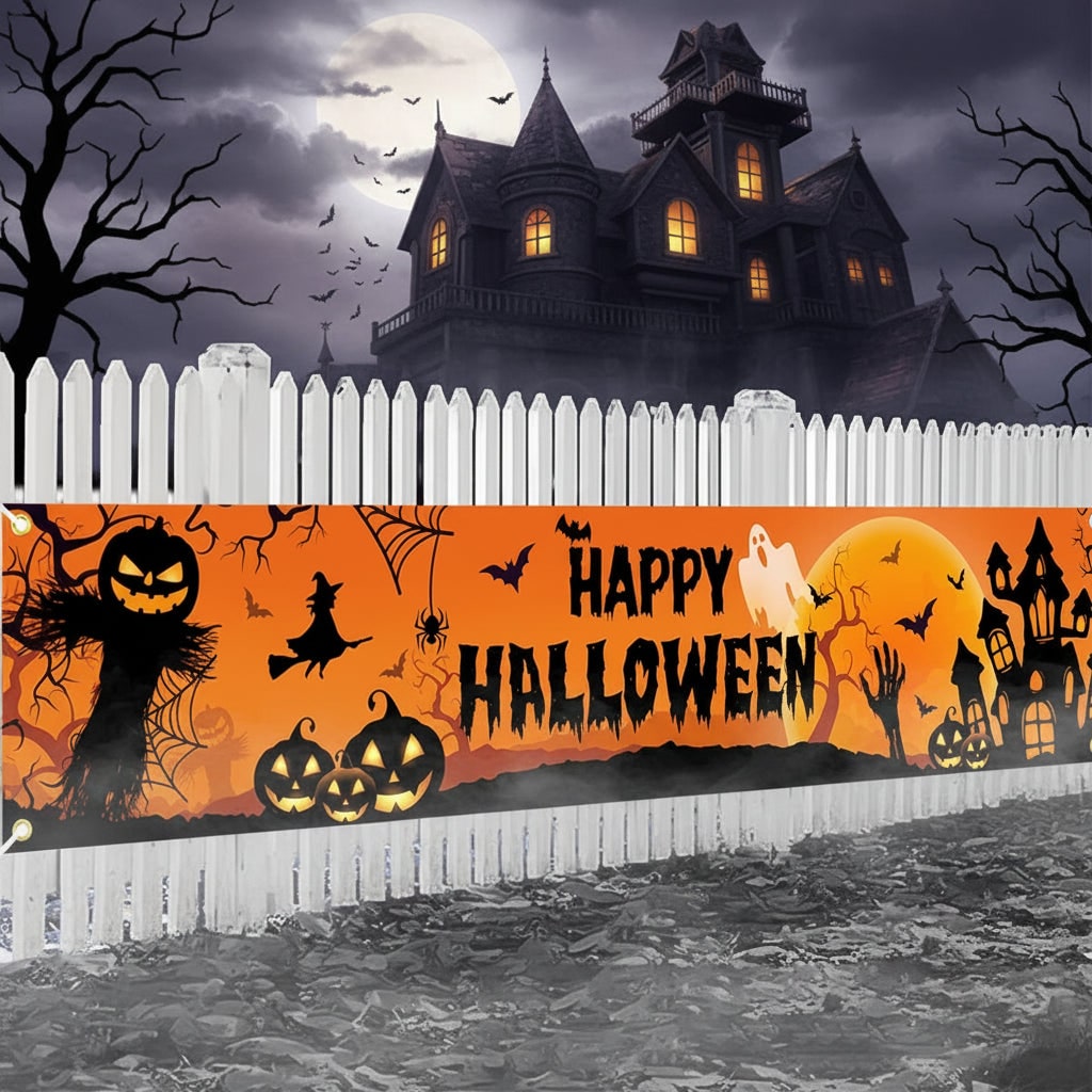 Duży baner na Halloween z nadrukiem dyni, czarownicy i nietoperza
