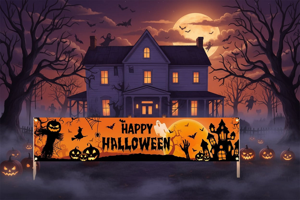 Duży baner na Halloween z nadrukiem dyni, czarownicy i nietoperza