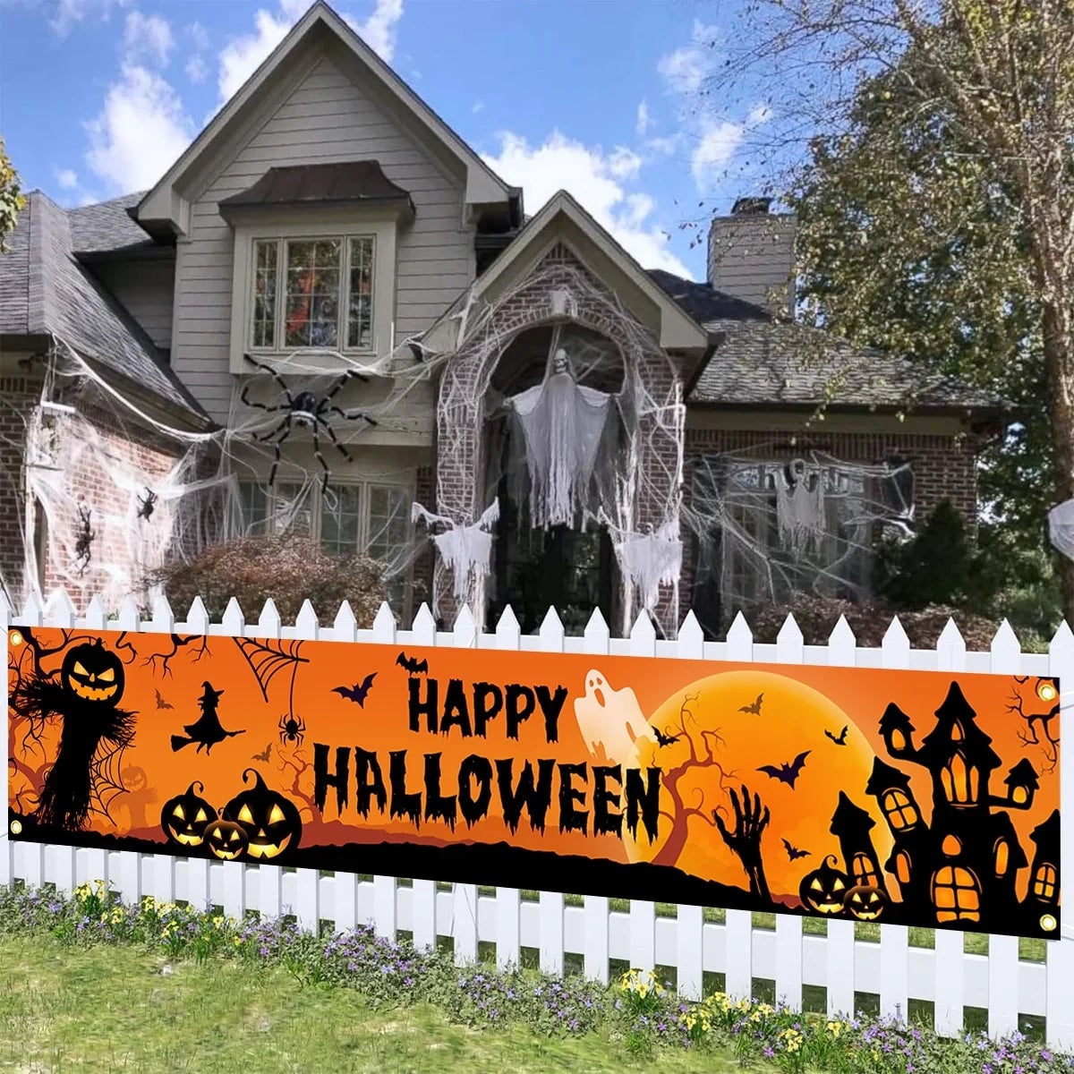 Tökfejű boszorkányos madárijesztő halloween-i kültéri udvari banner