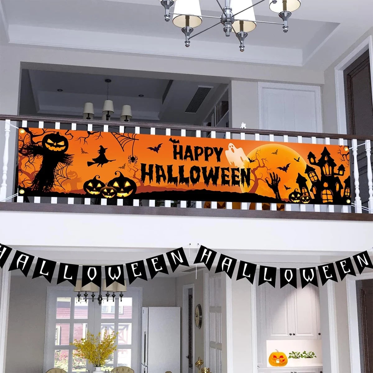 Tökfejű boszorkányos madárijesztő halloween-i kültéri udvari banner