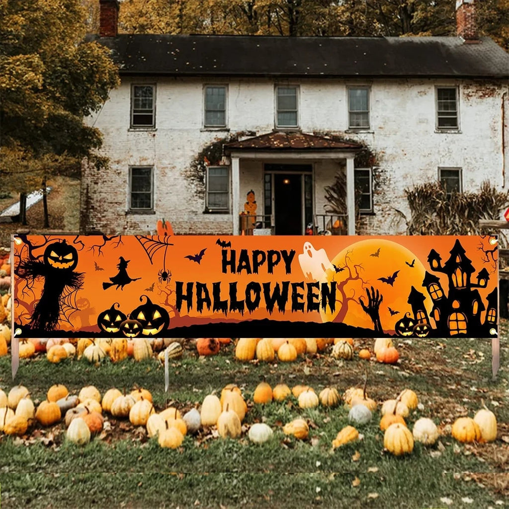 Tökfejű boszorkányos madárijesztő halloween-i kültéri udvari banner