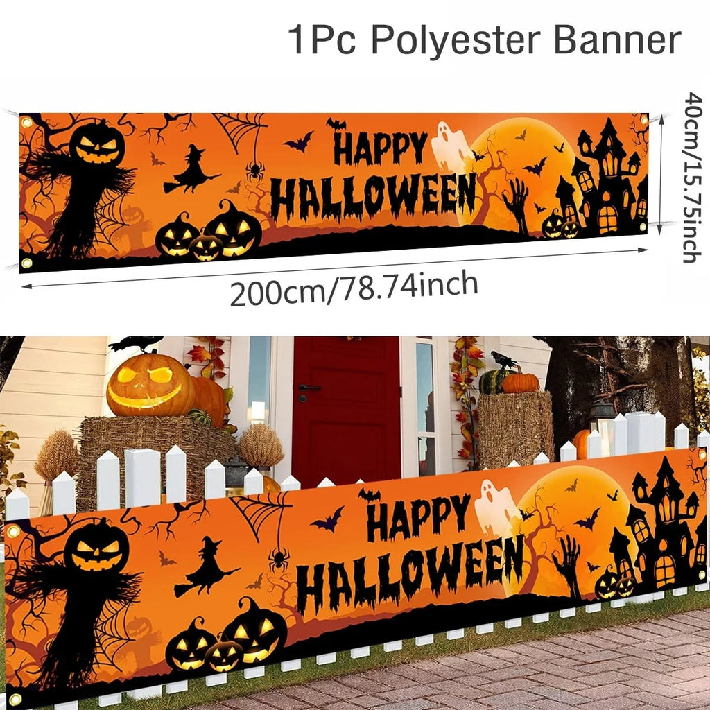 Tökfejű boszorkányos madárijesztő halloween-i kültéri udvari banner