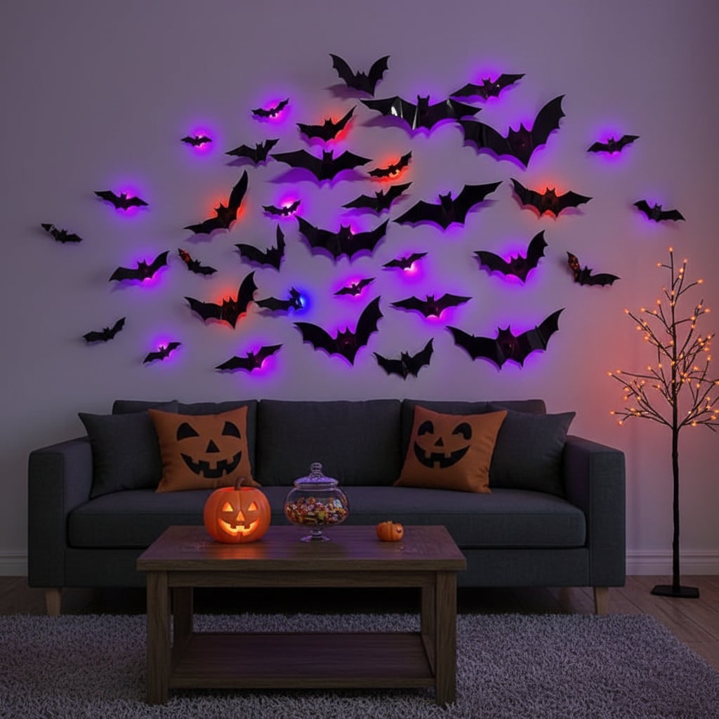 Decorațiuni 3D autoadezive pentru perete, în formă de lilieci, cu lumini LED integrate, decor înfricoșător pentru petrecerile de Halloween