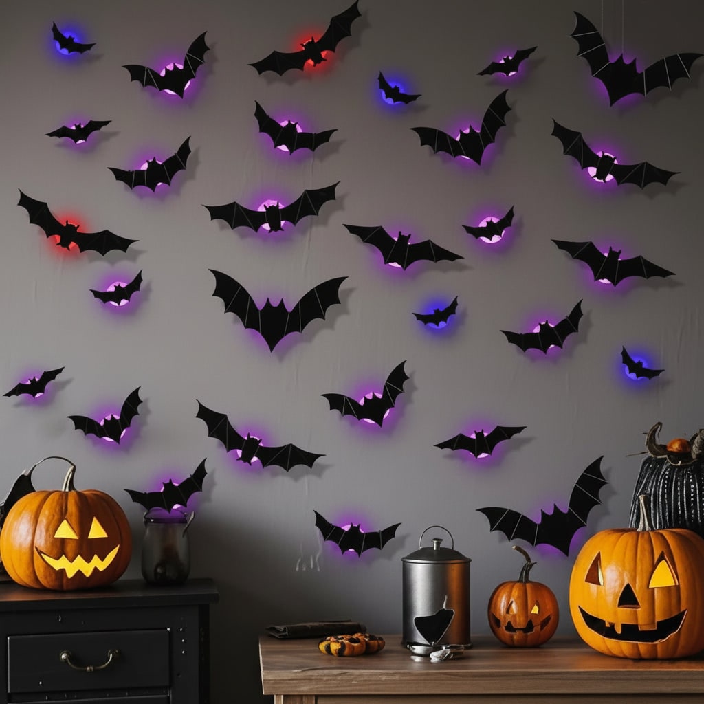 Decorațiuni 3D autoadezive pentru perete, în formă de lilieci, cu lumini LED integrate, decor înfricoșător pentru petrecerile de Halloween