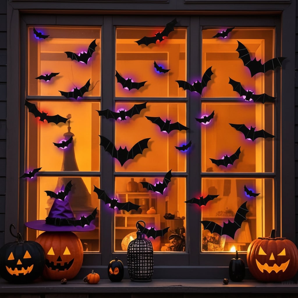 Decorațiuni 3D autoadezive pentru perete, în formă de lilieci, cu lumini LED integrate, decor înfricoșător pentru petrecerile de Halloween
