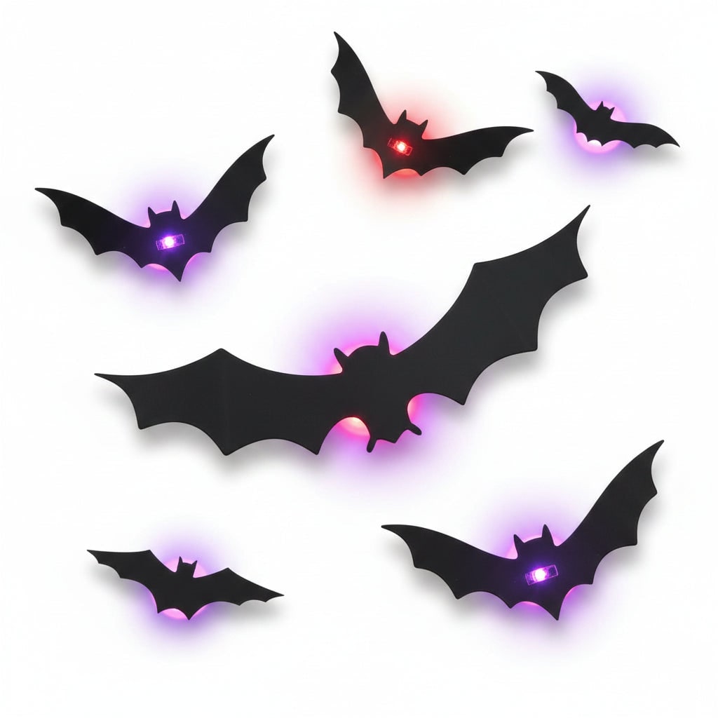 Decorațiuni 3D autoadezive pentru perete, în formă de lilieci, cu lumini LED integrate, decor înfricoșător pentru petrecerile de Halloween