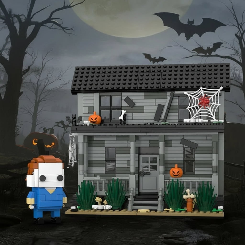 Conjunto de blocos de construção magnéticos - modelo de casa assombrada de Halloween e minifigura