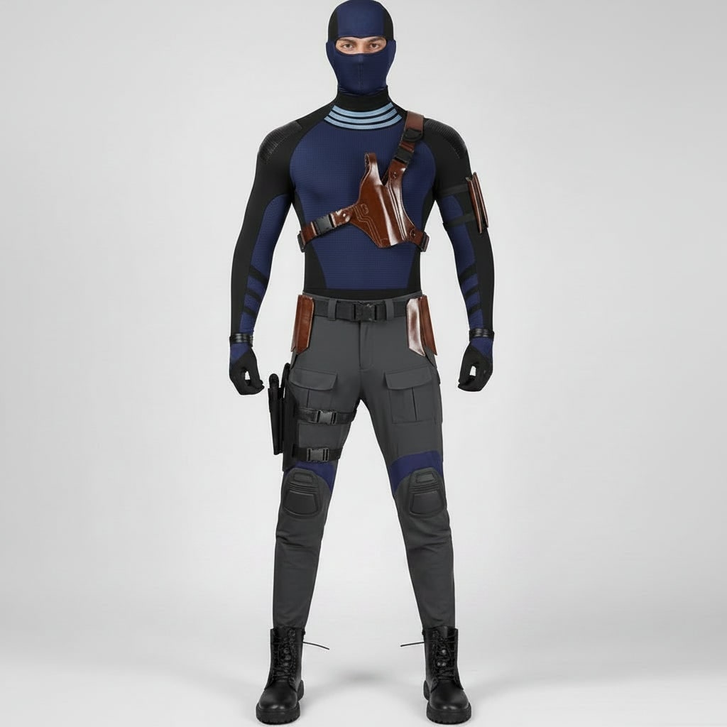 Adult Tactical Superhero Costume, Navy Black Top, Grey Cargo Pants, Knee Pads, Mask, Gloves