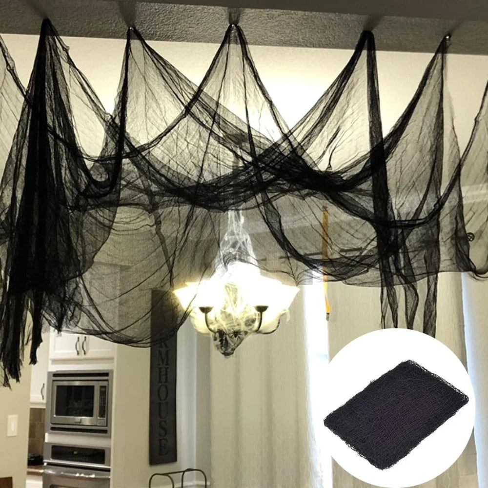 Pânză semitransparentă neagră din tifon pentru decorațiuni de Halloween, ușoară, cu aspect drapat