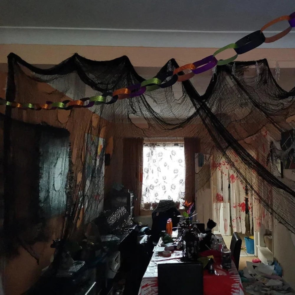 Pânză semitransparentă neagră din tifon pentru decorațiuni de Halloween, ușoară, cu aspect drapat