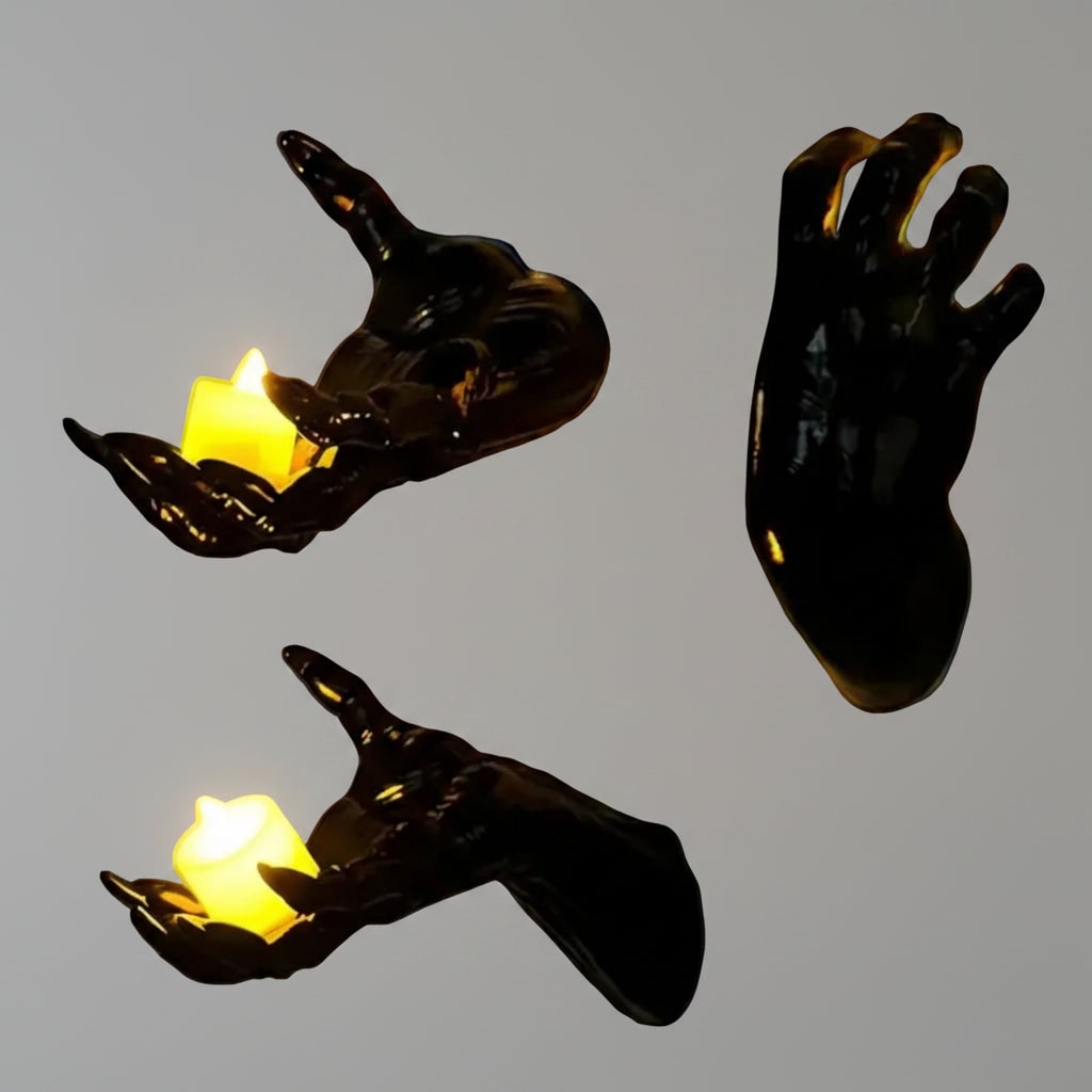 Large Textured Gothic Hand Wall Candle Holder, Glossy Pointed Claws