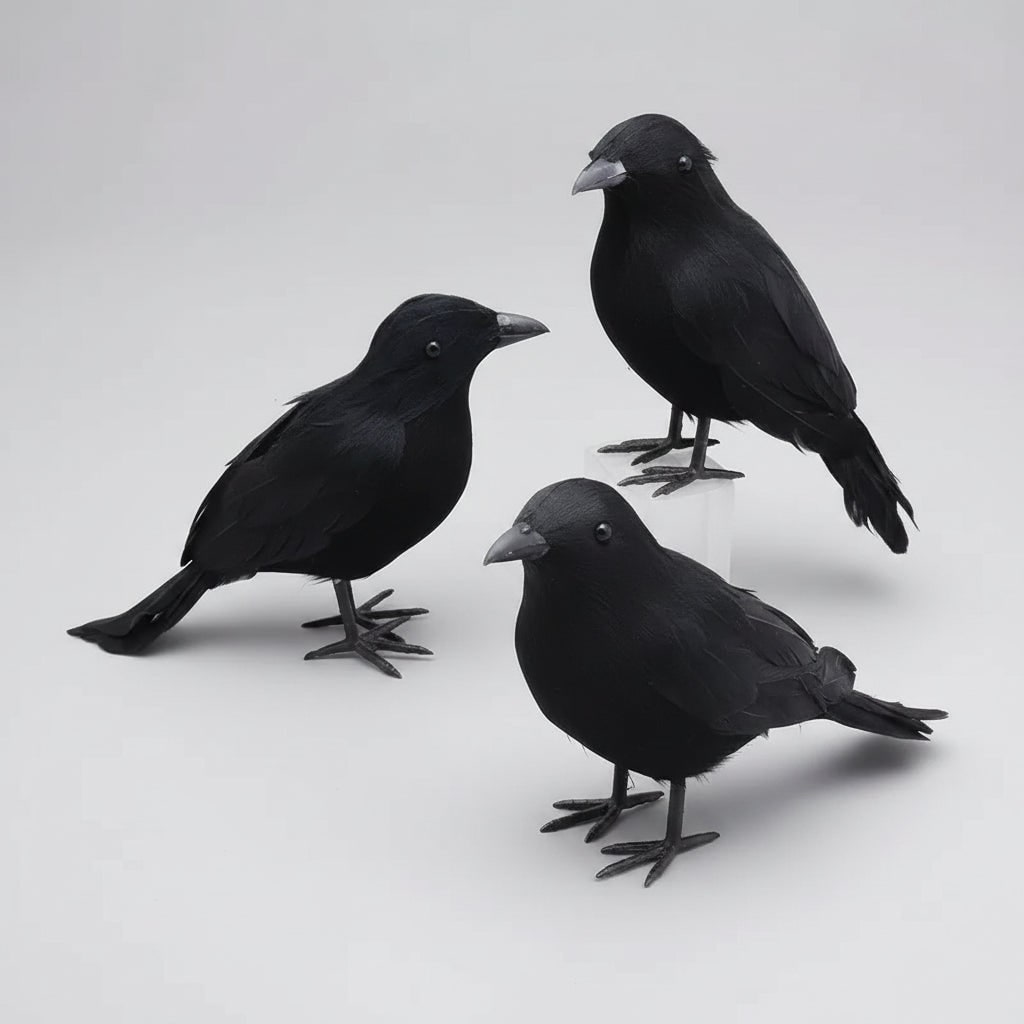 Statues de corbeaux noirs d’Halloween, forme sculptée artificielle et yeux brillants