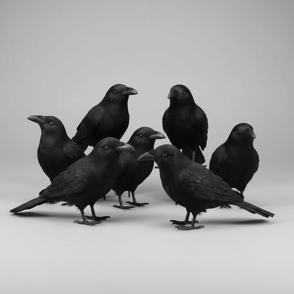Statues de corbeaux noirs d’Halloween, forme sculptée artificielle et yeux brillants
