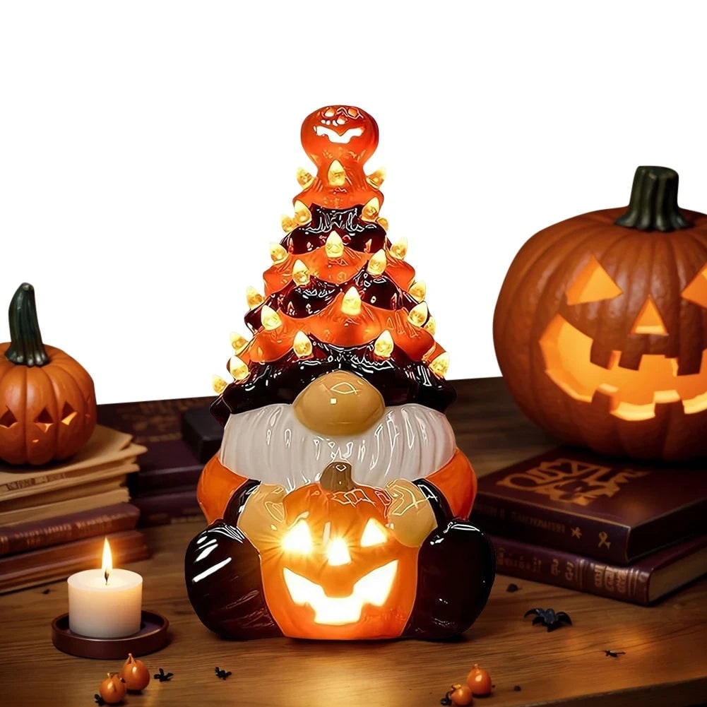 Figurine de gnome en céramique fonctionnant sur piles — chapeau-citrouille lumineux et lumières LED