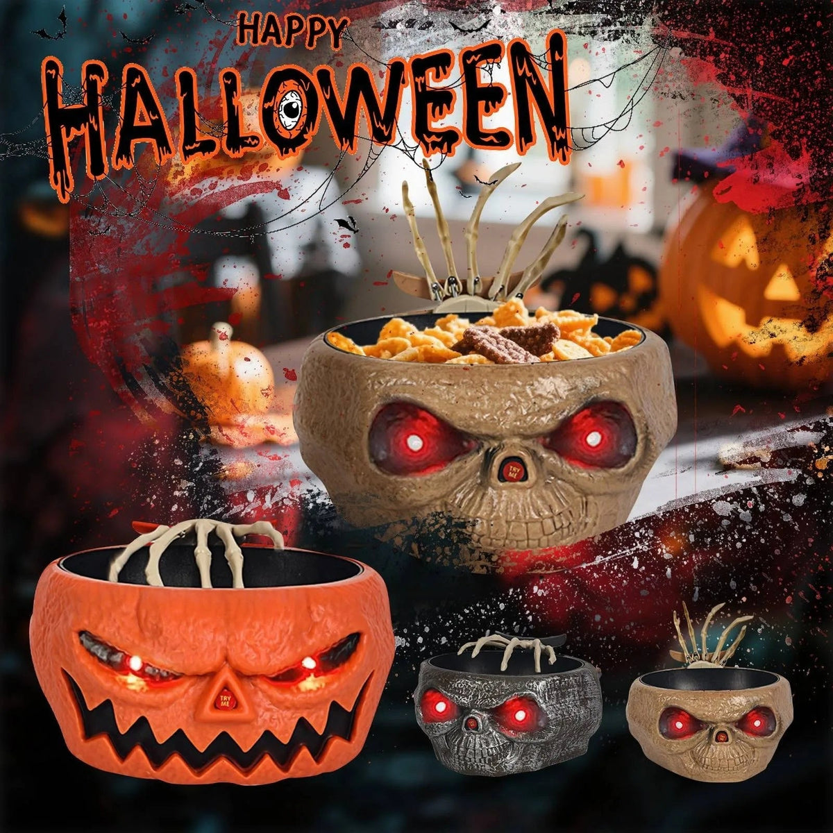 Animált halloweeni édességtál, világító LED-szemekkel és mozgásérzékelős csontvázkézzel