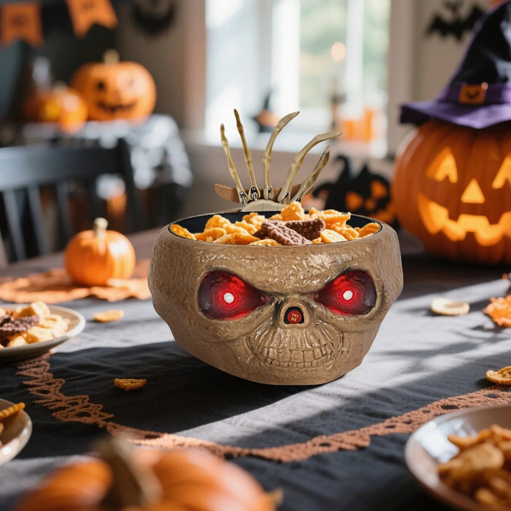 Animált halloweeni édességtál, világító LED-szemekkel és mozgásérzékelős csontvázkézzel