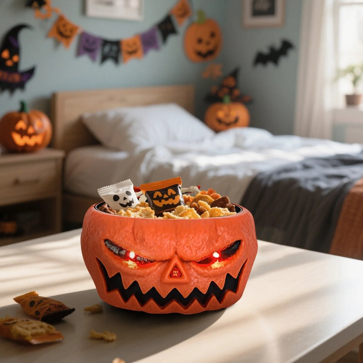 Animált halloweeni édességtál, világító LED-szemekkel és mozgásérzékelős csontvázkézzel