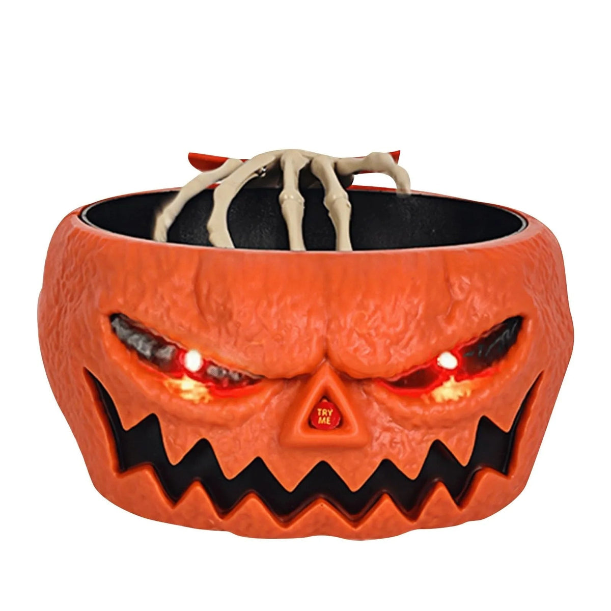 Animált halloweeni édességtál, világító LED-szemekkel és mozgásérzékelős csontvázkézzel