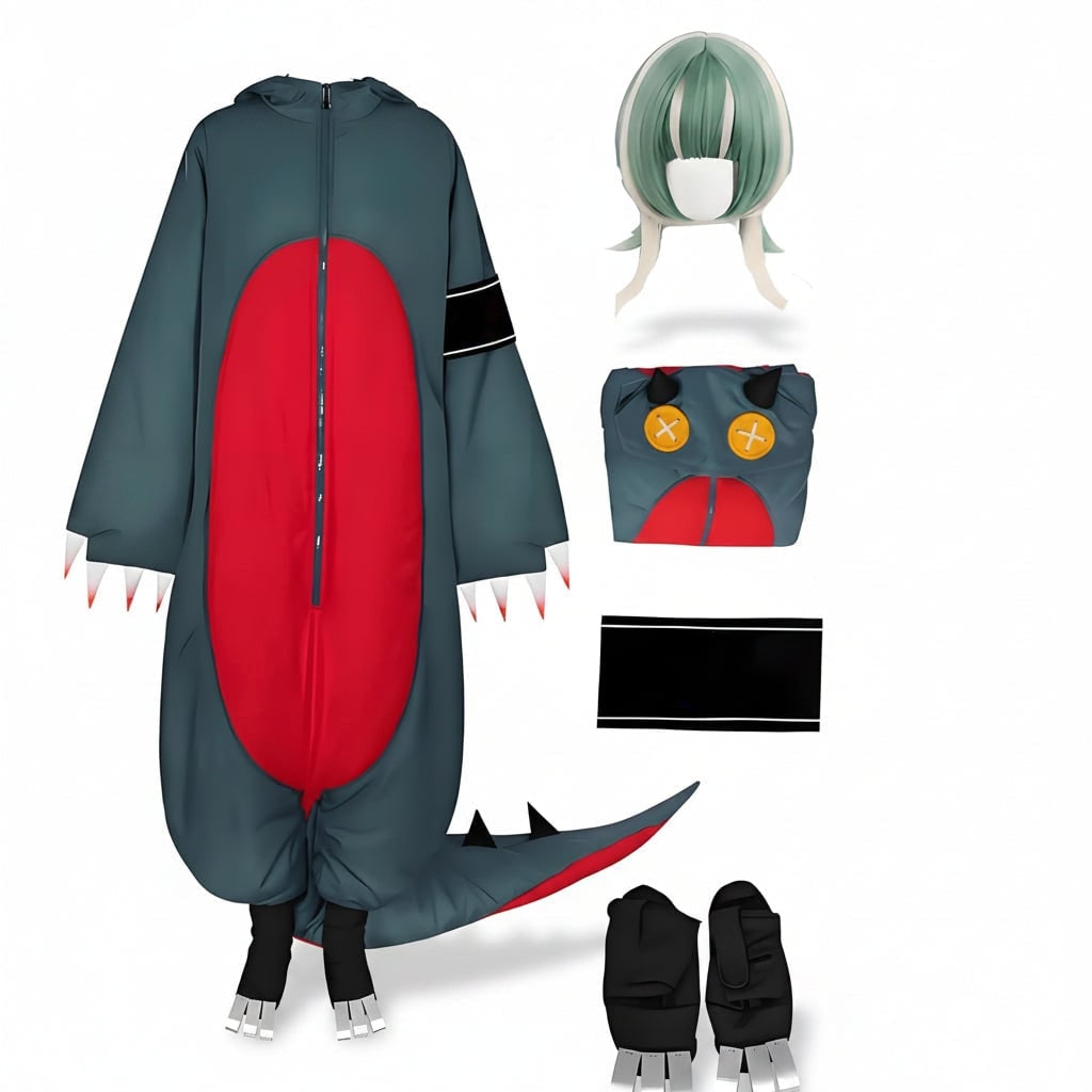 Fato-macaco de cosplay de dinossauro com capuz para adultos - Inclui peruca e coberturas para sapatos