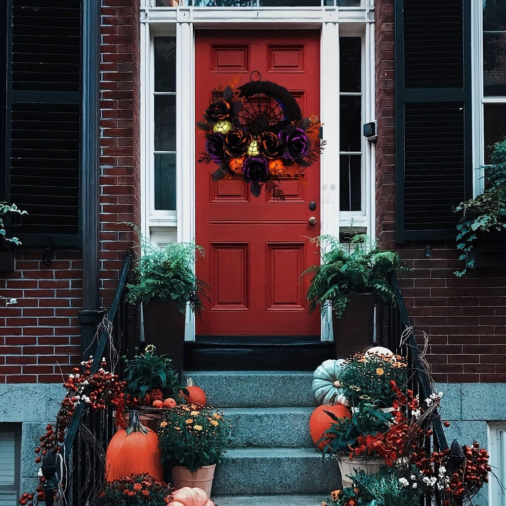 Dørkrans til Halloween - svarte roser, edderkoppnett i midten og glitterpynt
