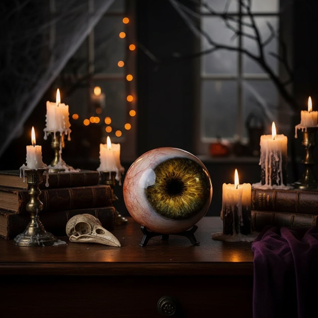 Halloween szemgolyó-dekorációs szett boszorkányszoborral, rózsaszín bemutatótalapzaton