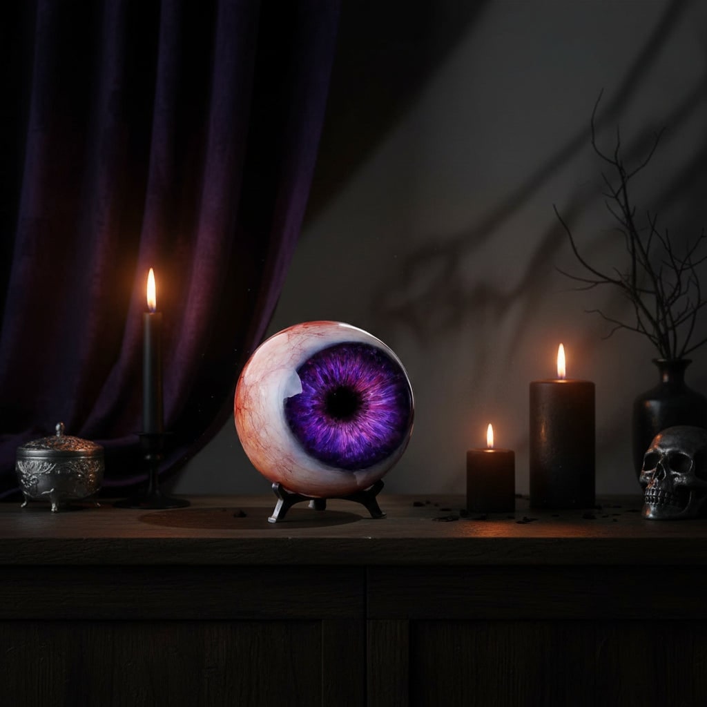 Halloween szemgolyó-dekorációs szett boszorkányszoborral, rózsaszín bemutatótalapzaton