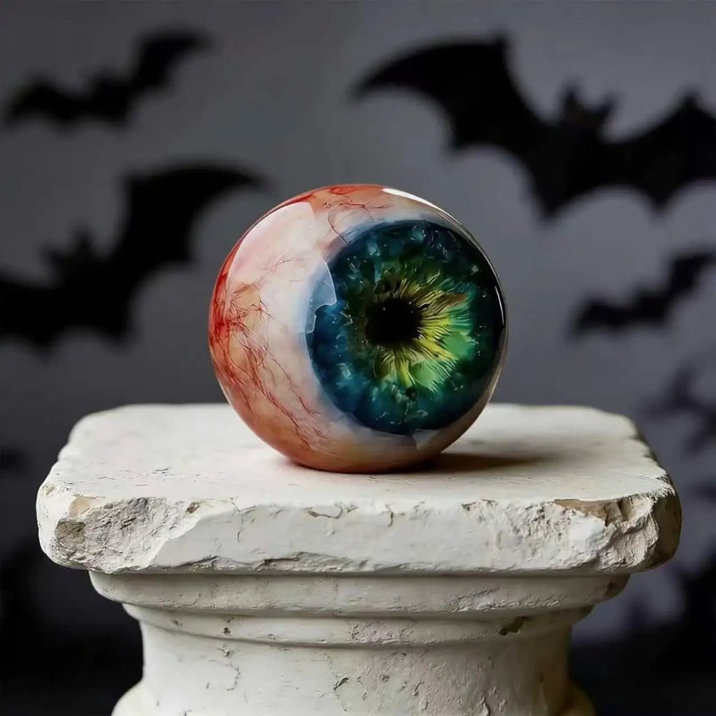 Halloween szemgolyó-dekorációs szett boszorkányszoborral, rózsaszín bemutatótalapzaton