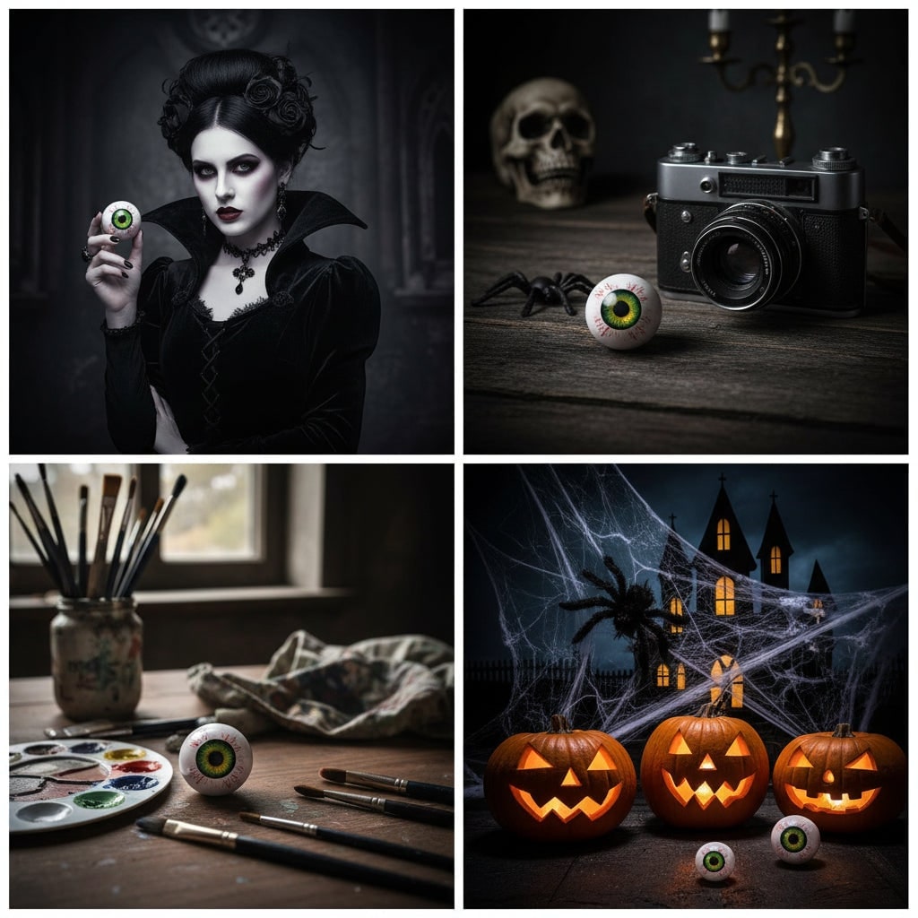 Halloween szemgolyó-dekorációs szett boszorkányszoborral, rózsaszín bemutatótalapzaton
