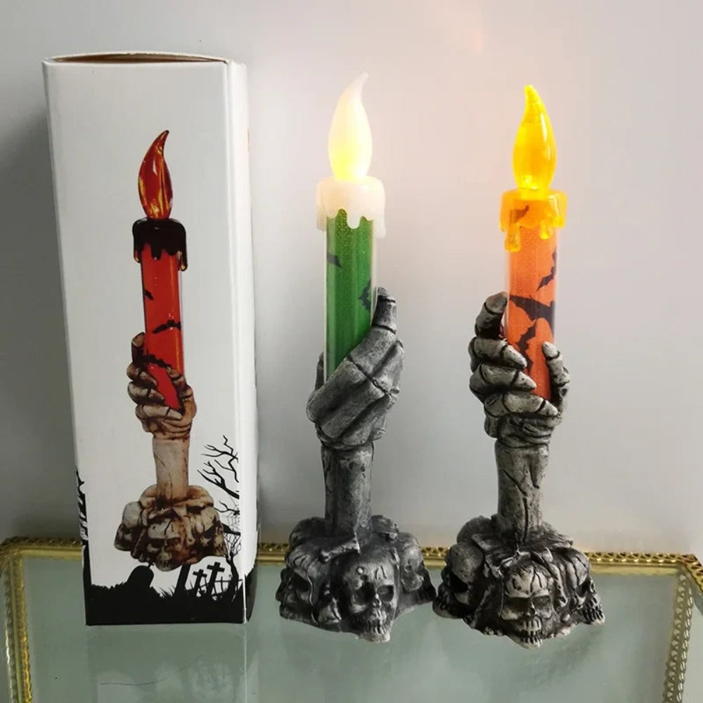 Halloween Skeleton Hand Holder Battery Operated Flameless LED Taper Candle