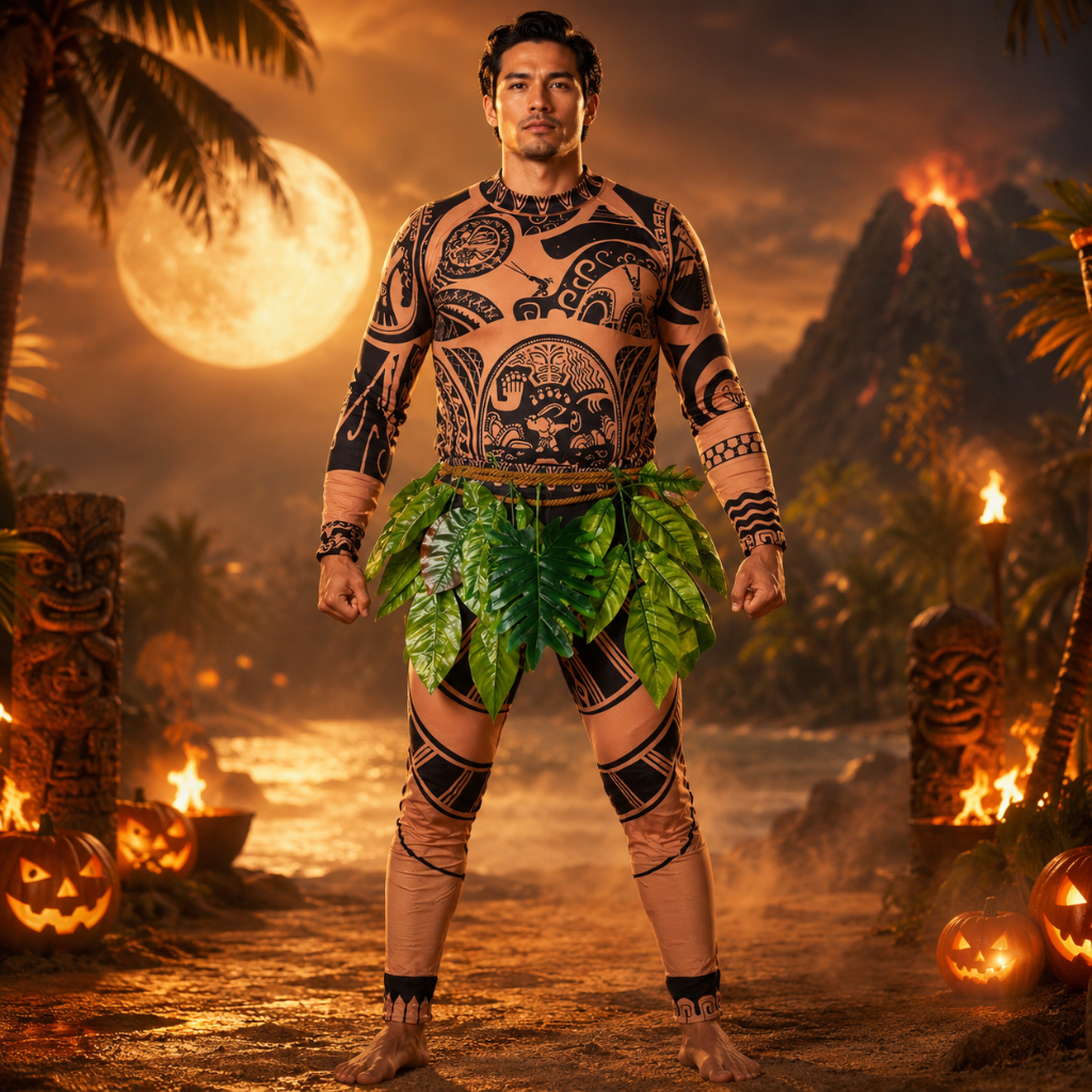 Costum de Halloween tip combinezon din spandex, pentru întregul corp: imprimeu cu tatuaj tribal, fustă cu frunze