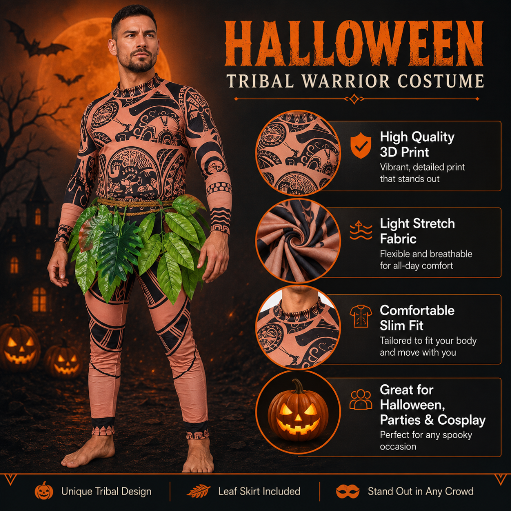 Costum de Halloween tip combinezon din spandex, pentru întregul corp: imprimeu cu tatuaj tribal, fustă cu frunze