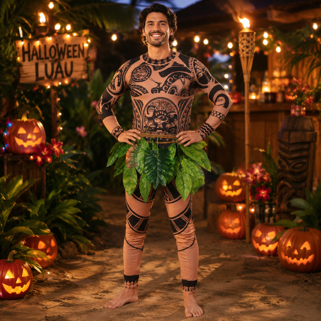 Costum de Halloween tip combinezon din spandex, pentru întregul corp: imprimeu cu tatuaj tribal, fustă cu frunze