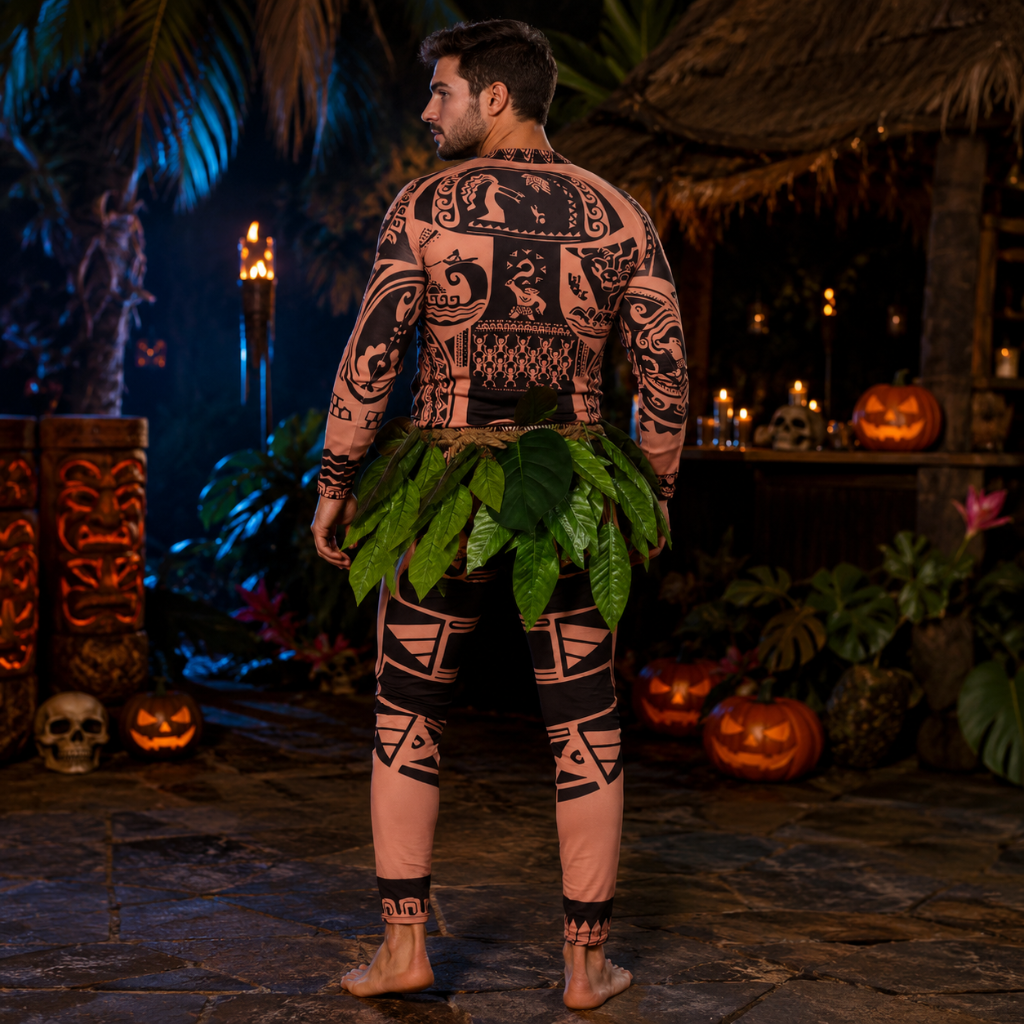 Costum de Halloween tip combinezon din spandex, pentru întregul corp: imprimeu cu tatuaj tribal, fustă cu frunze