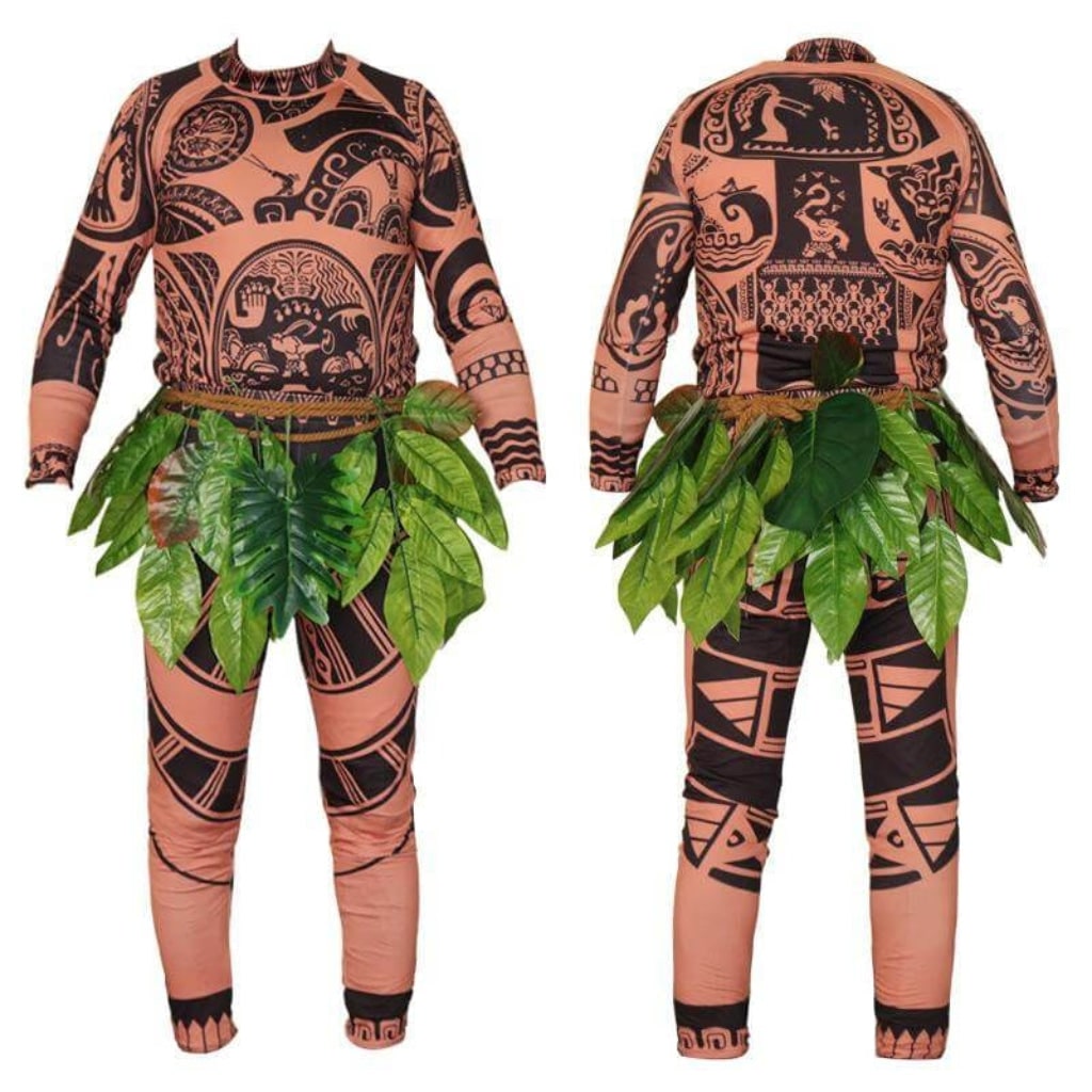 Costum de Halloween tip combinezon din spandex, pentru întregul corp: imprimeu cu tatuaj tribal, fustă cu frunze