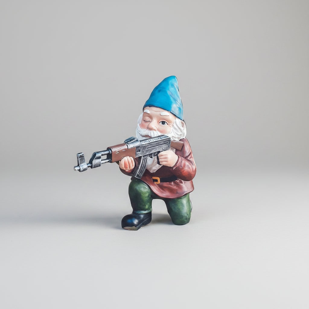 Tactical Resin Garden Gnome Figurine, Funny Rifle Pose, Matte Painted Finish