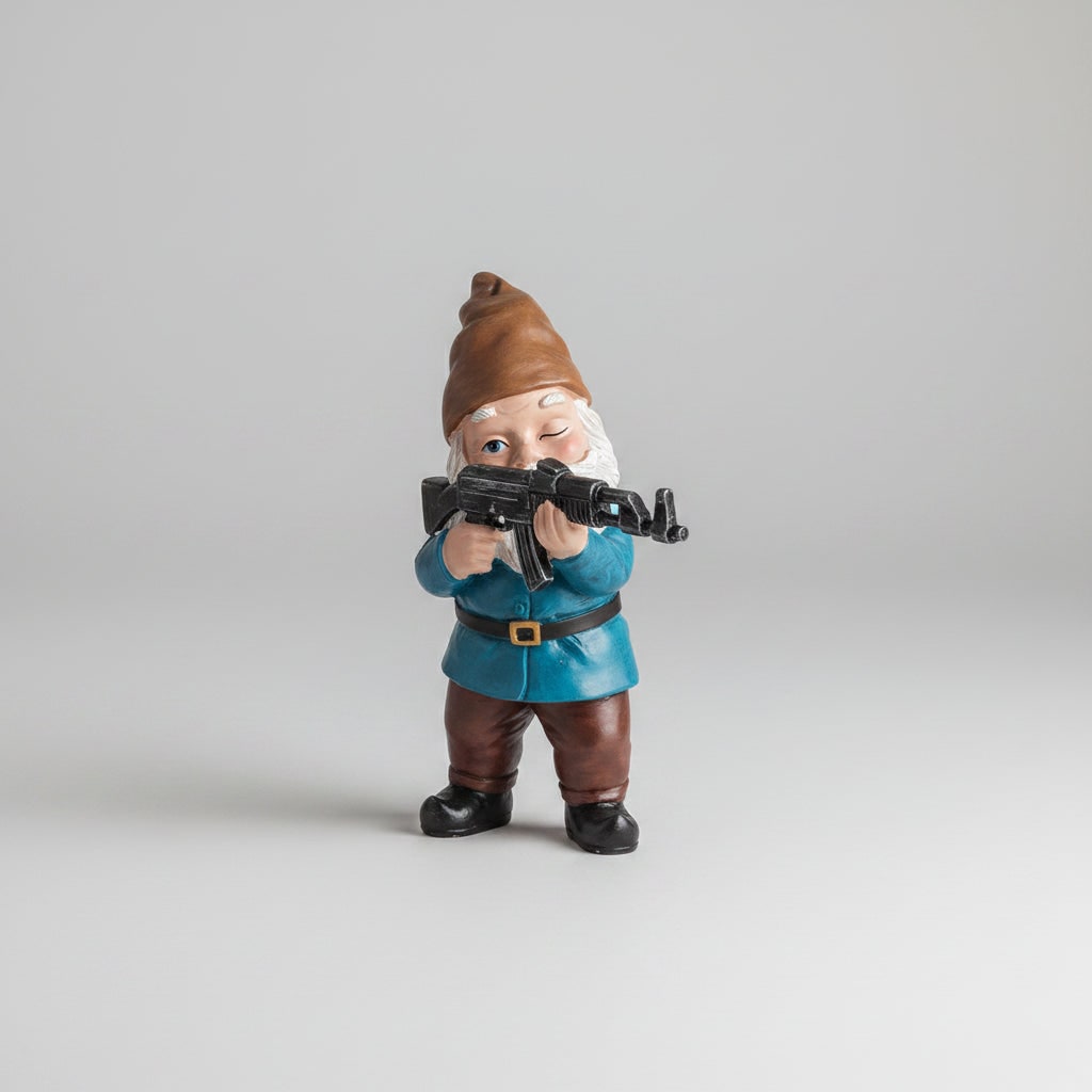 Tactical Resin Garden Gnome Figurine, Funny Rifle Pose, Matte Painted Finish