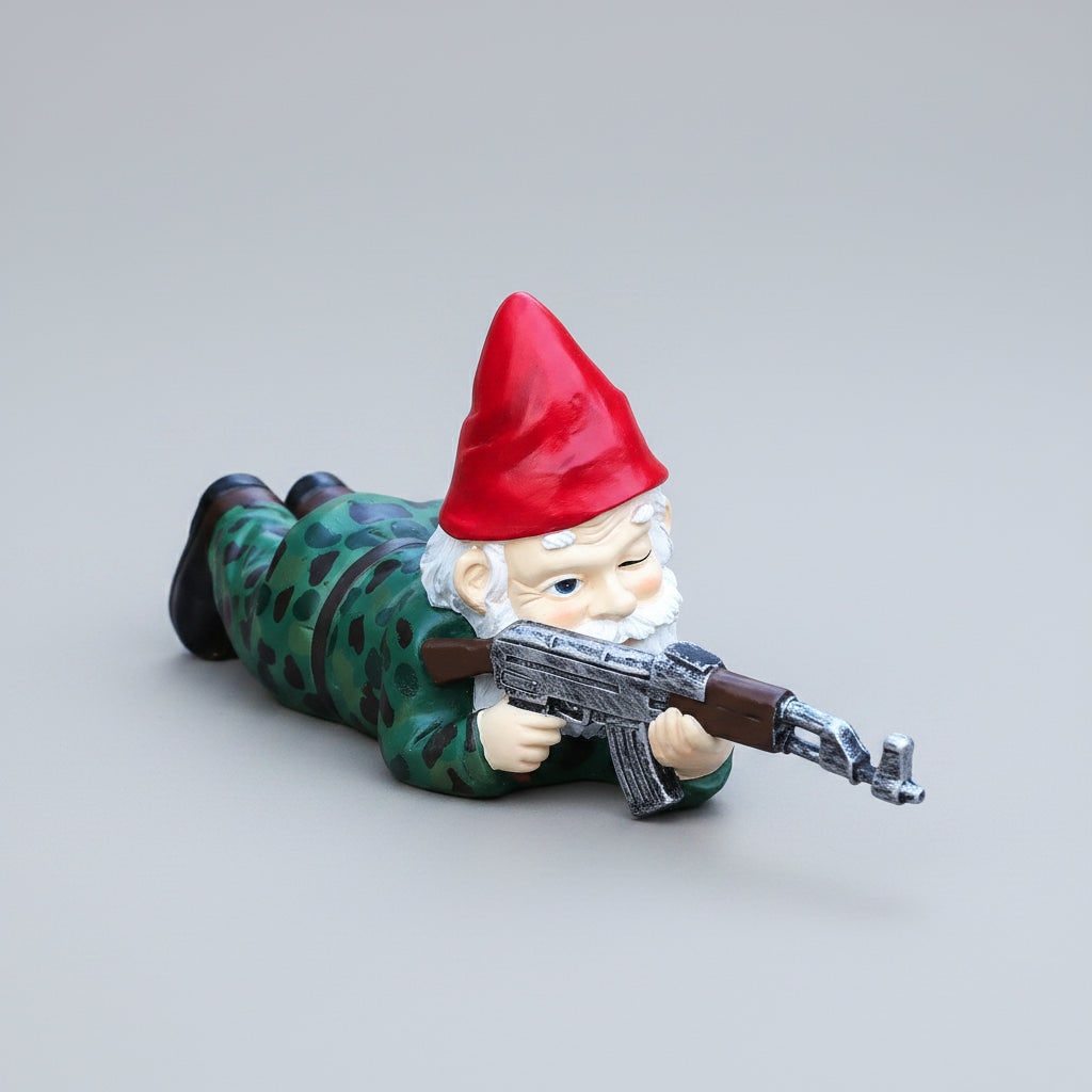 Tactical Resin Garden Gnome Figurine, Funny Rifle Pose, Matte Painted Finish
