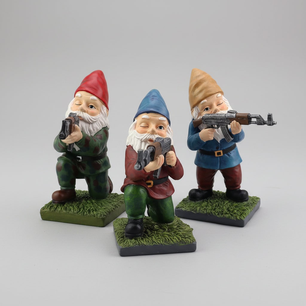 Tactical Resin Garden Gnome Figurine, Funny Rifle Pose, Matte Painted Finish