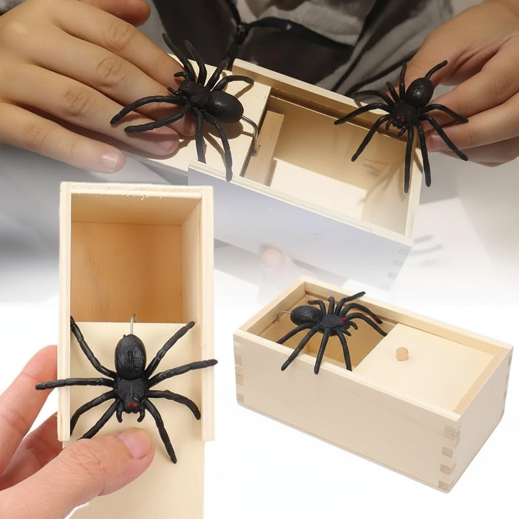 Rugós tréfás pókos doboz - kiugró meglepetéssel, halloweenes tréfás ajándék