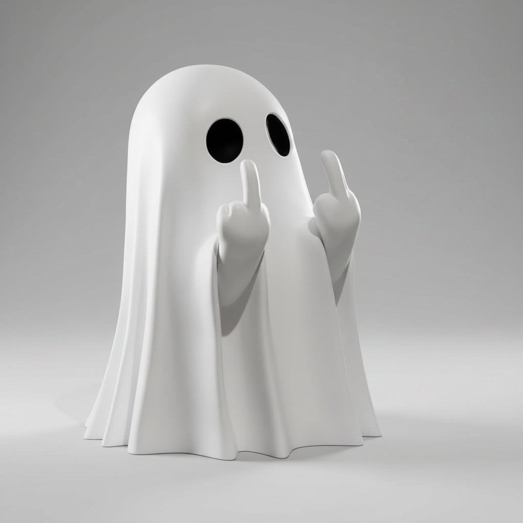 Nadmuchiwana figurka ducha na Halloween pokazującego środkowy palec