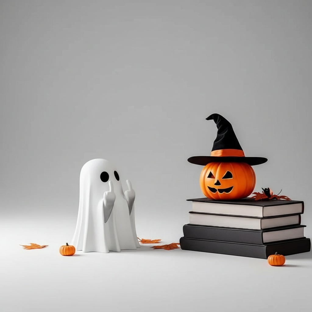 Nadmuchiwana figurka ducha na Halloween pokazującego środkowy palec