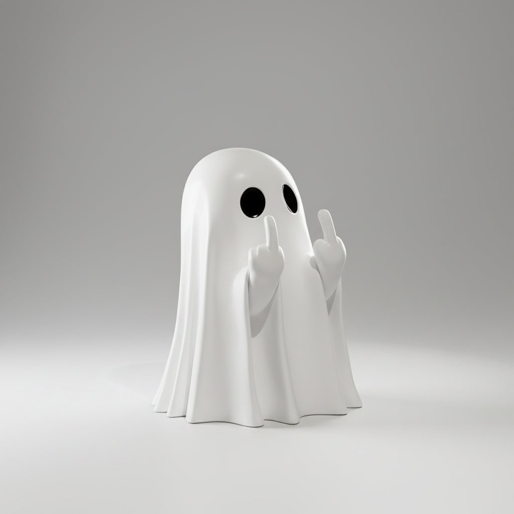 Nadmuchiwana figurka ducha na Halloween pokazującego środkowy palec